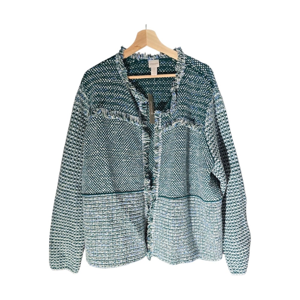 Chico's Pacific Teal Fringe Tweed Cardigan Jacket Knit Women's Size 4 - Picture 2 of 10